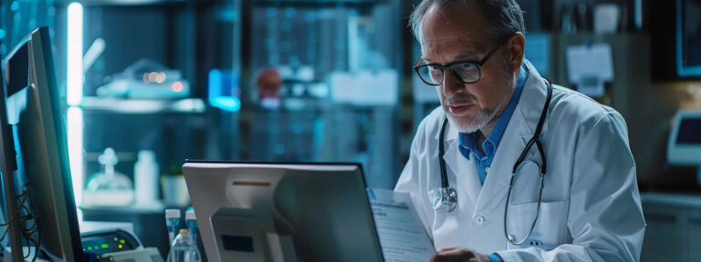 Streamlining Healthcare Communications: A Deep Dive into Epic Fax Integration A man wearing a lab coat studies a computer screen focused on the mechanics of Epic Fax Integration.